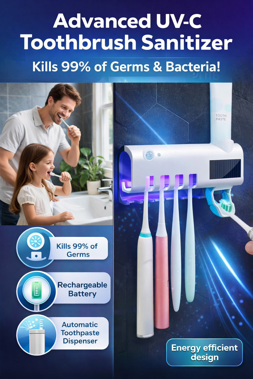 UV Toothbrush Sanitizer Wall Mount No-Drill